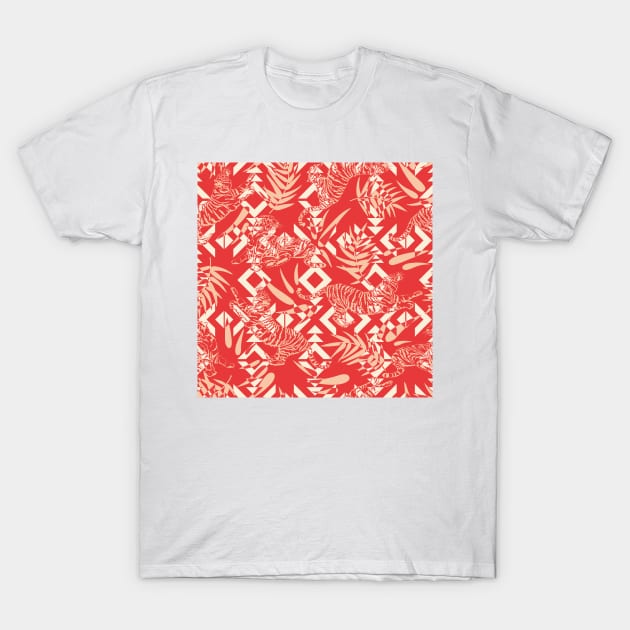 Tigers and Leaves with Tribal Shapes in Red T-Shirt by matise